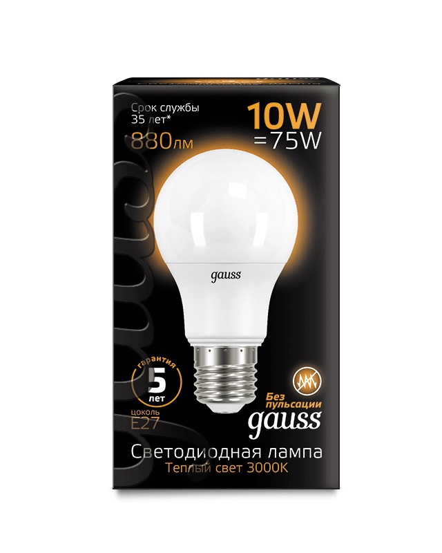 Лампа Gauss LED A60 10W E27 880lm 3000K 